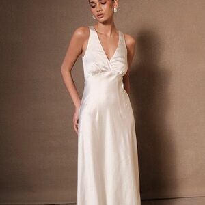 MESHKI Satin V-Neck Slip Dress in Ivory
